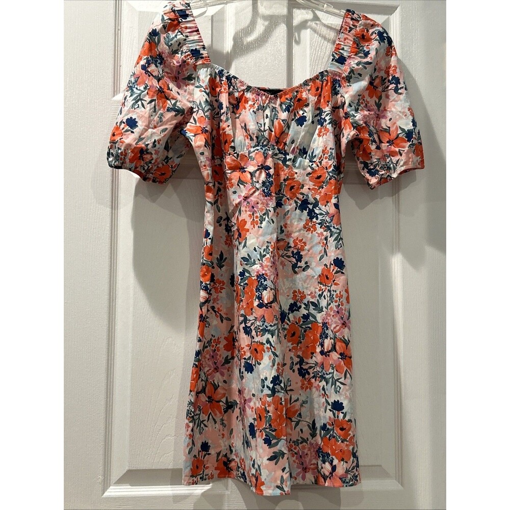 BCX Women's Cotton Floral Dress With Puff Sleeves Size M